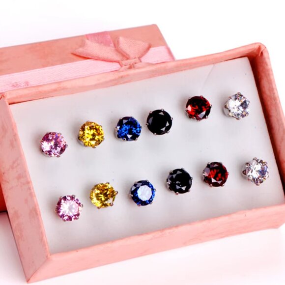 6 Multi Color Stainless Steel Post Hypo Allergenic Faceted Round Cut Crystal NWT - Picture 4 of 6